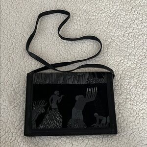 Roberto Vascon Black Embossed Egyptian Design Shoulder Bag